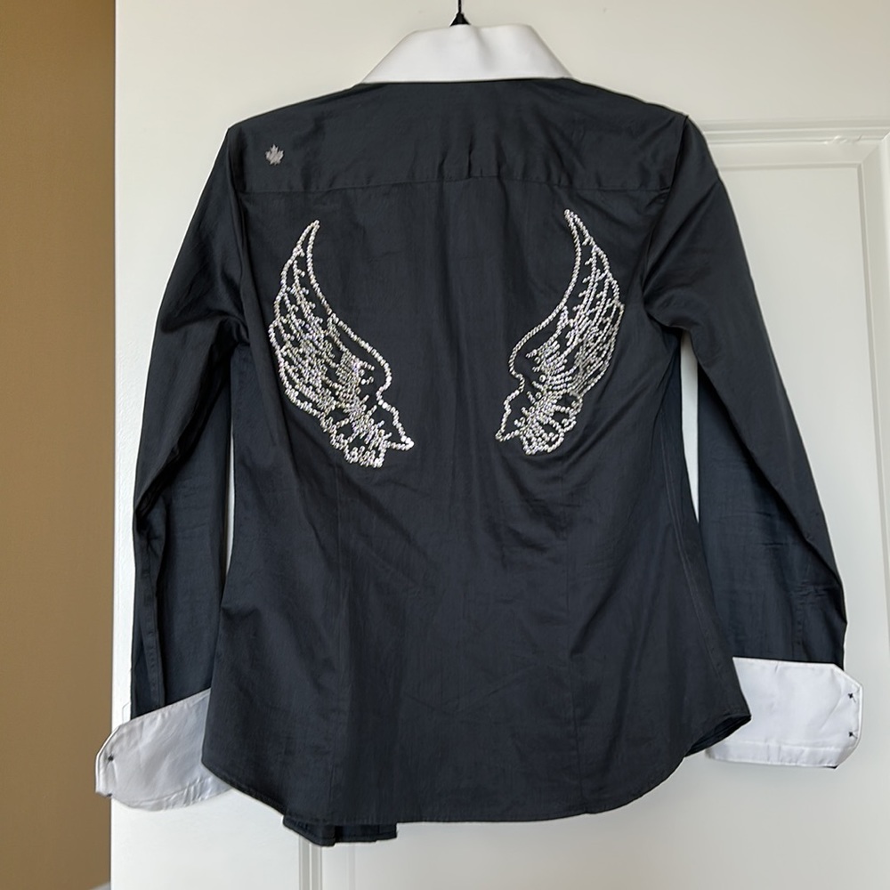 Hard water button up, collared shirt. crystal angel wings on back.